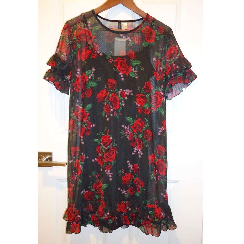H&M rose print ruffle detail mesh dress